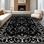 Black White Ornate Floral Pattern Rug
