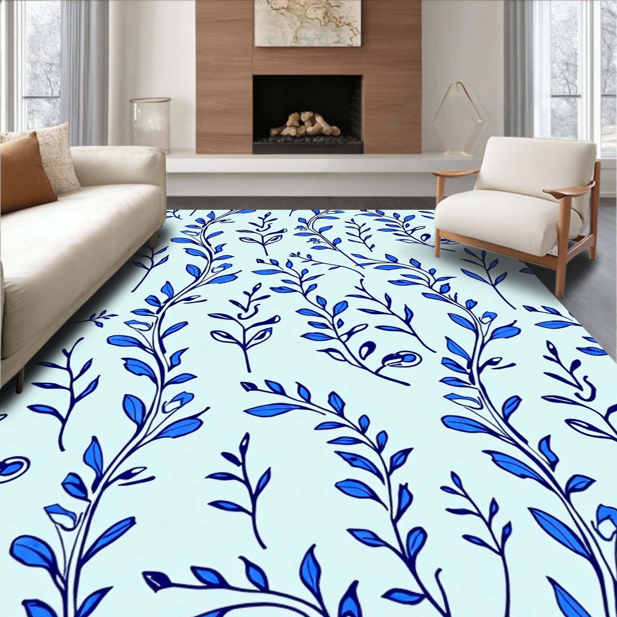 Delicate Blue Botanical Sketch Pattern Rug