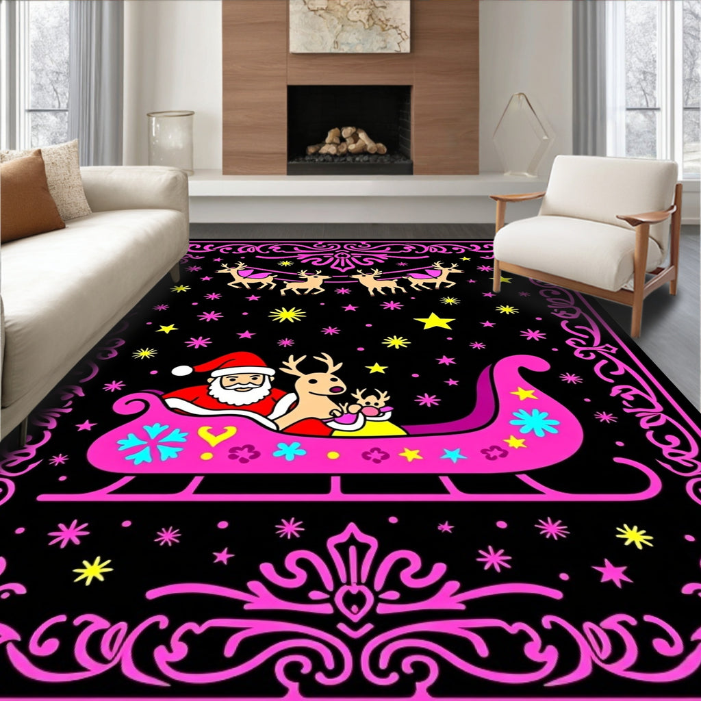 Pink Santa Sleigh Reindeer Christmas Night Rug