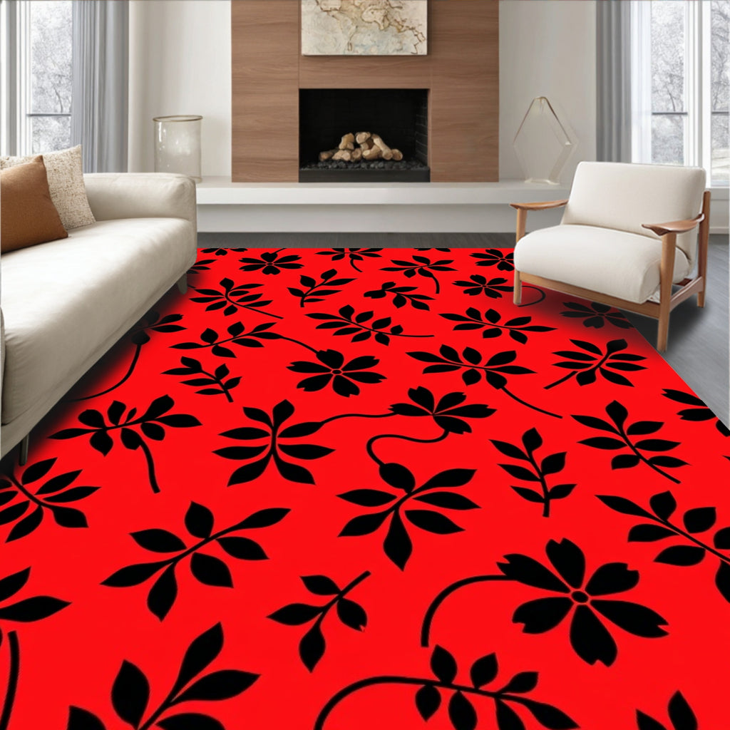 Bold Red Black Floral Branch Pattern Rug