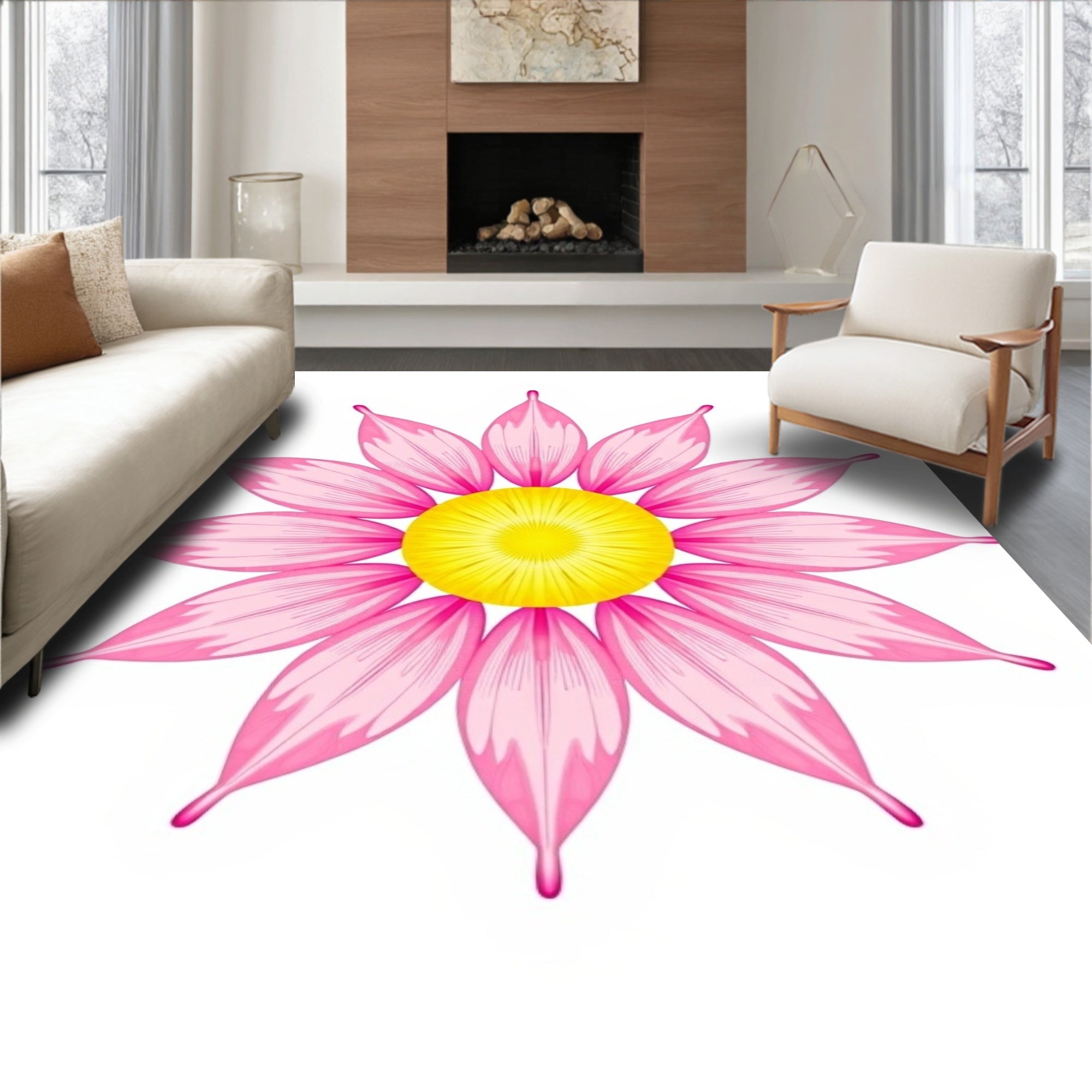 Pink Daisy Floral Radiating Pattern Rug