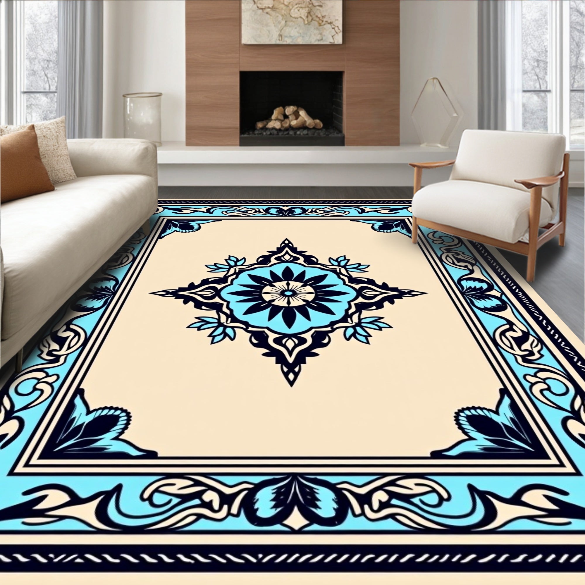 Elegant Blue Floral Medallion Rug