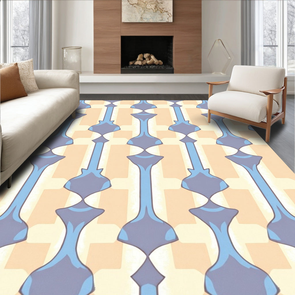 Vertical Blue Ochre Geometric Pattern Rug