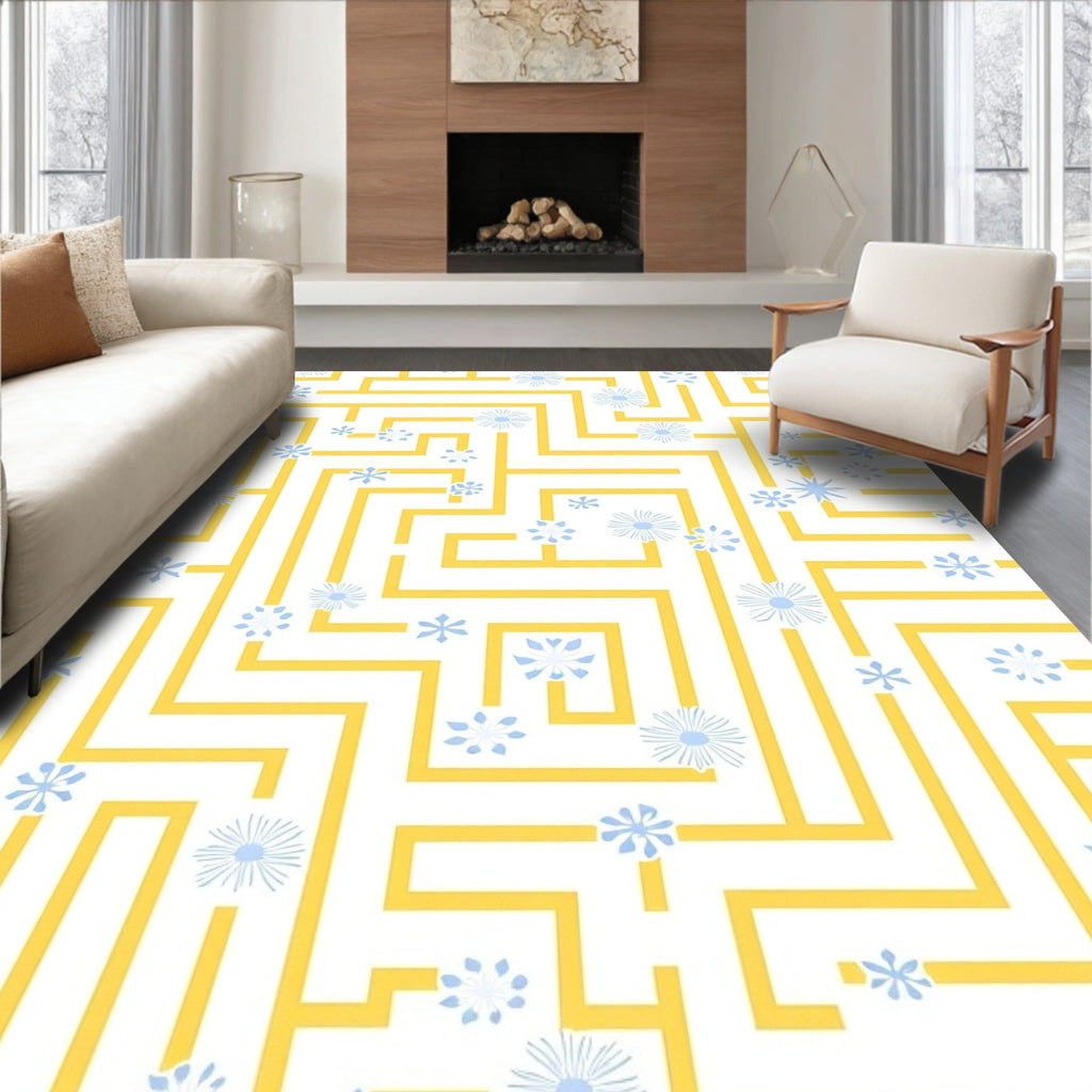 Yellow Maze with Blue Floral Accents Rug