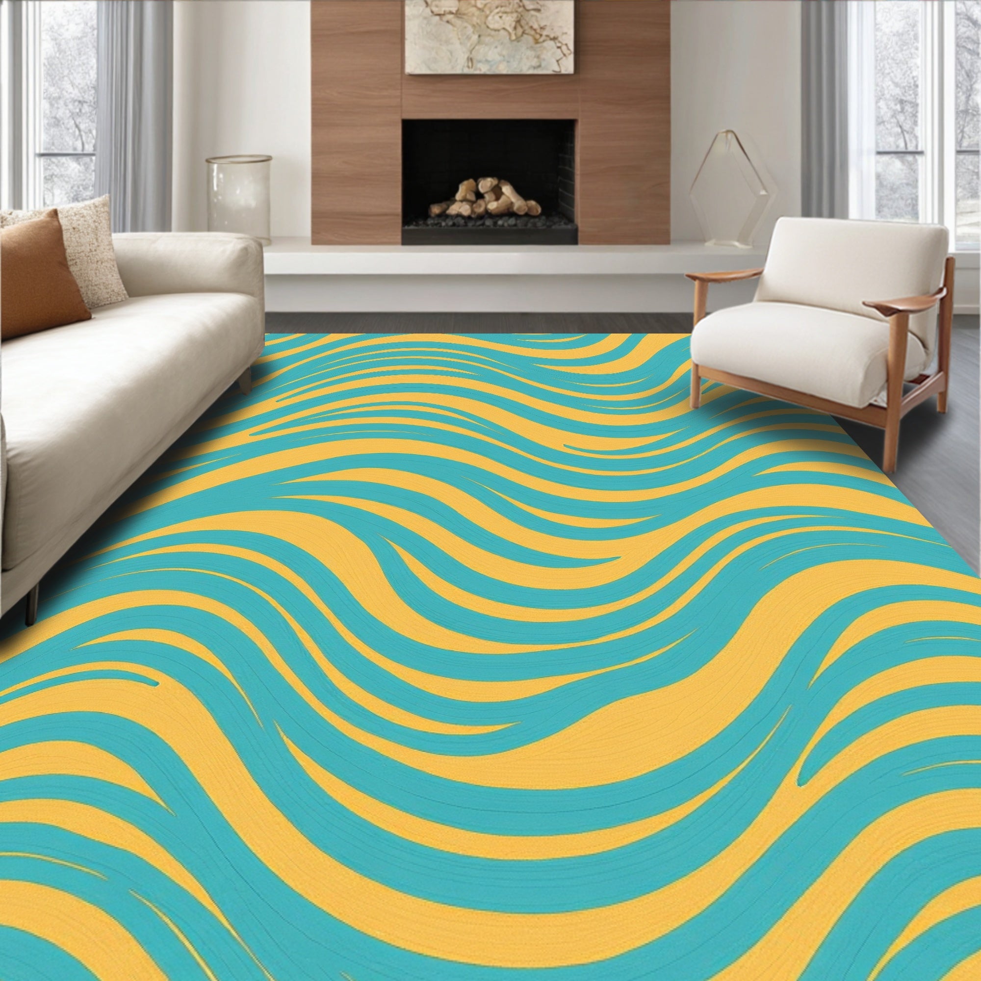 Bold Teal Yellow Flowing Waves Rug