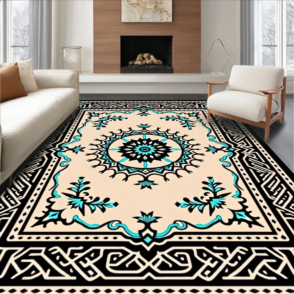 Black Teal Cream Geometric Medallion Rug