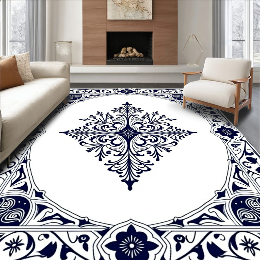 Deep Blue Classic Botanical Frame Design Rug