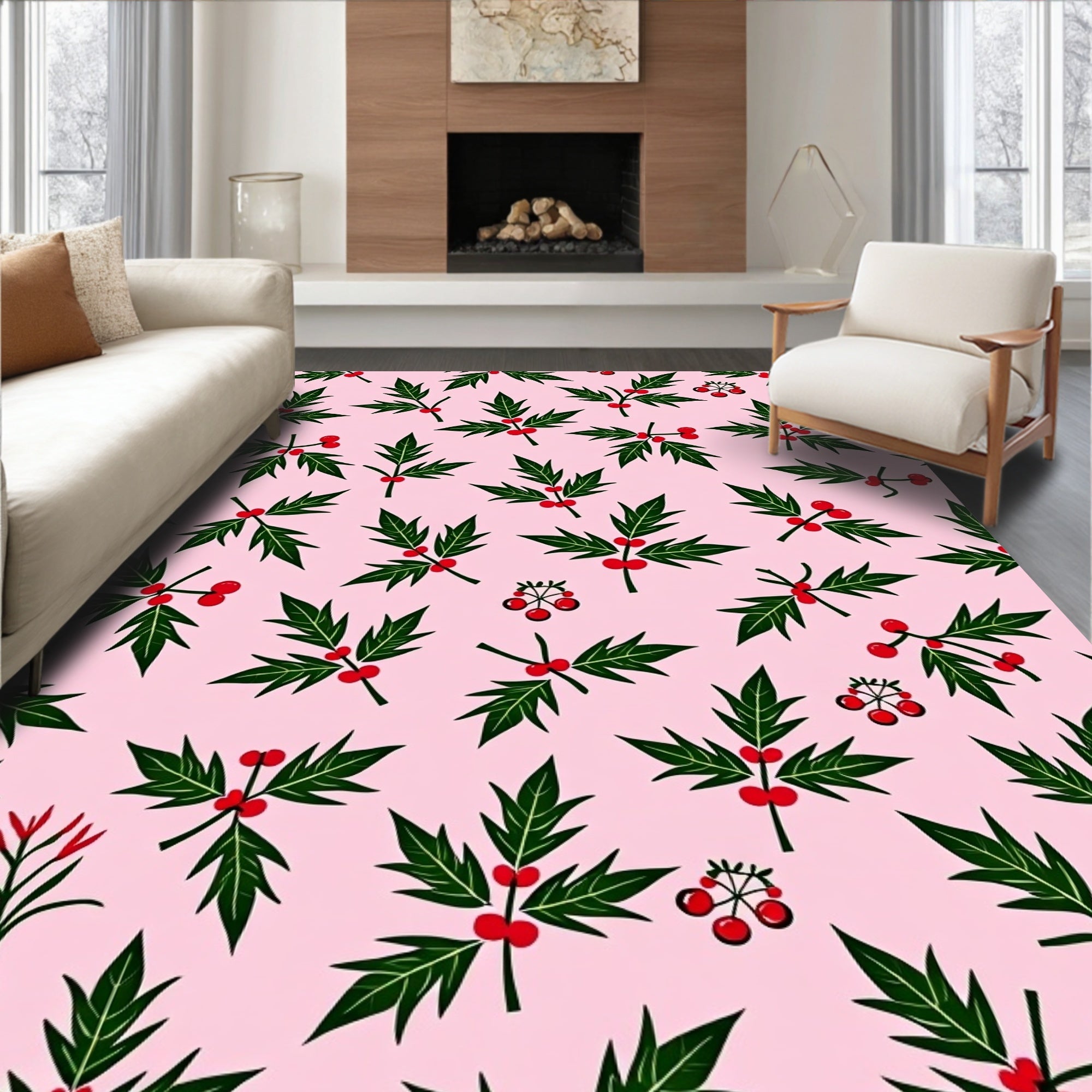 Pink Berry Leaf Pattern Rug