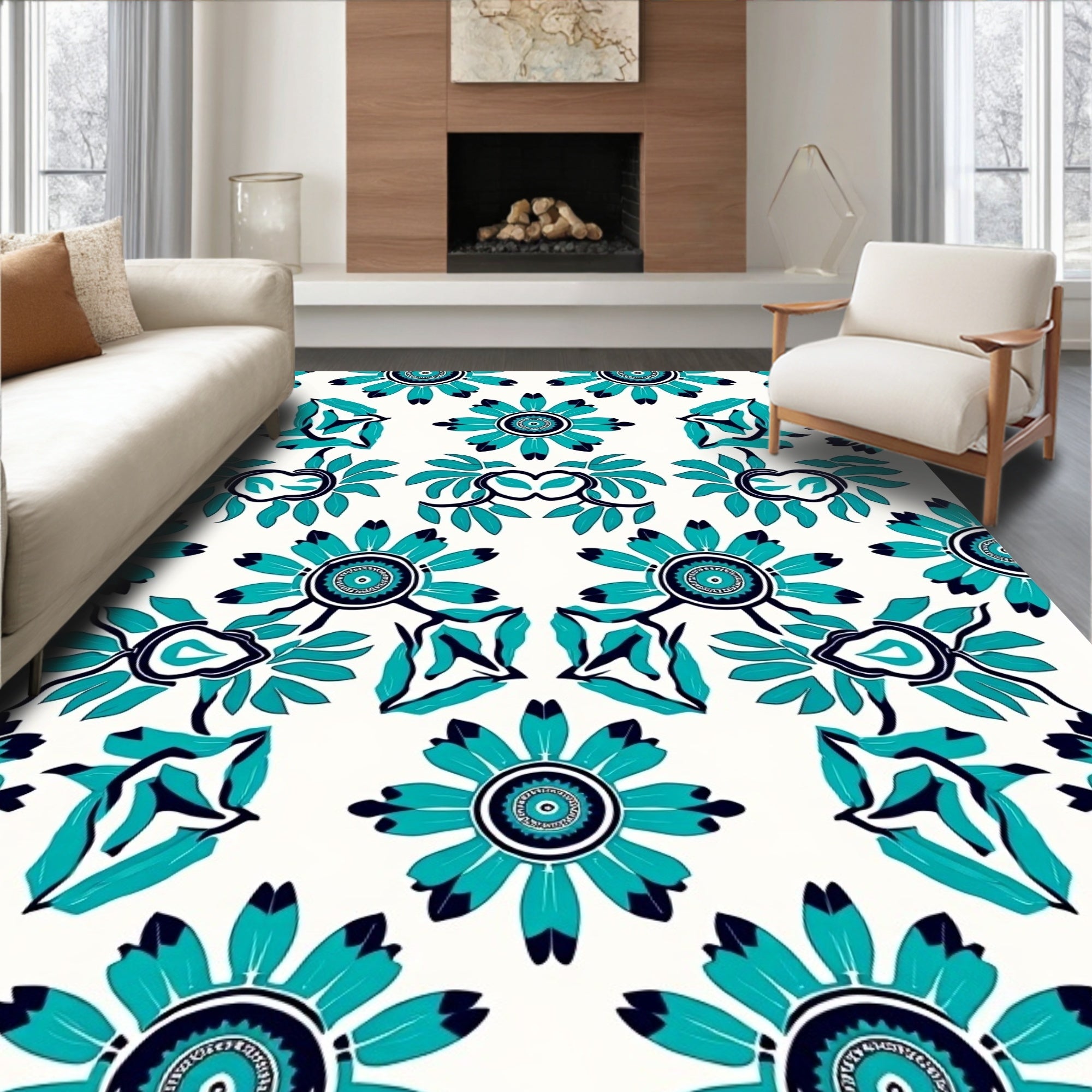 Teal Navy Floral Symmetry Rug
