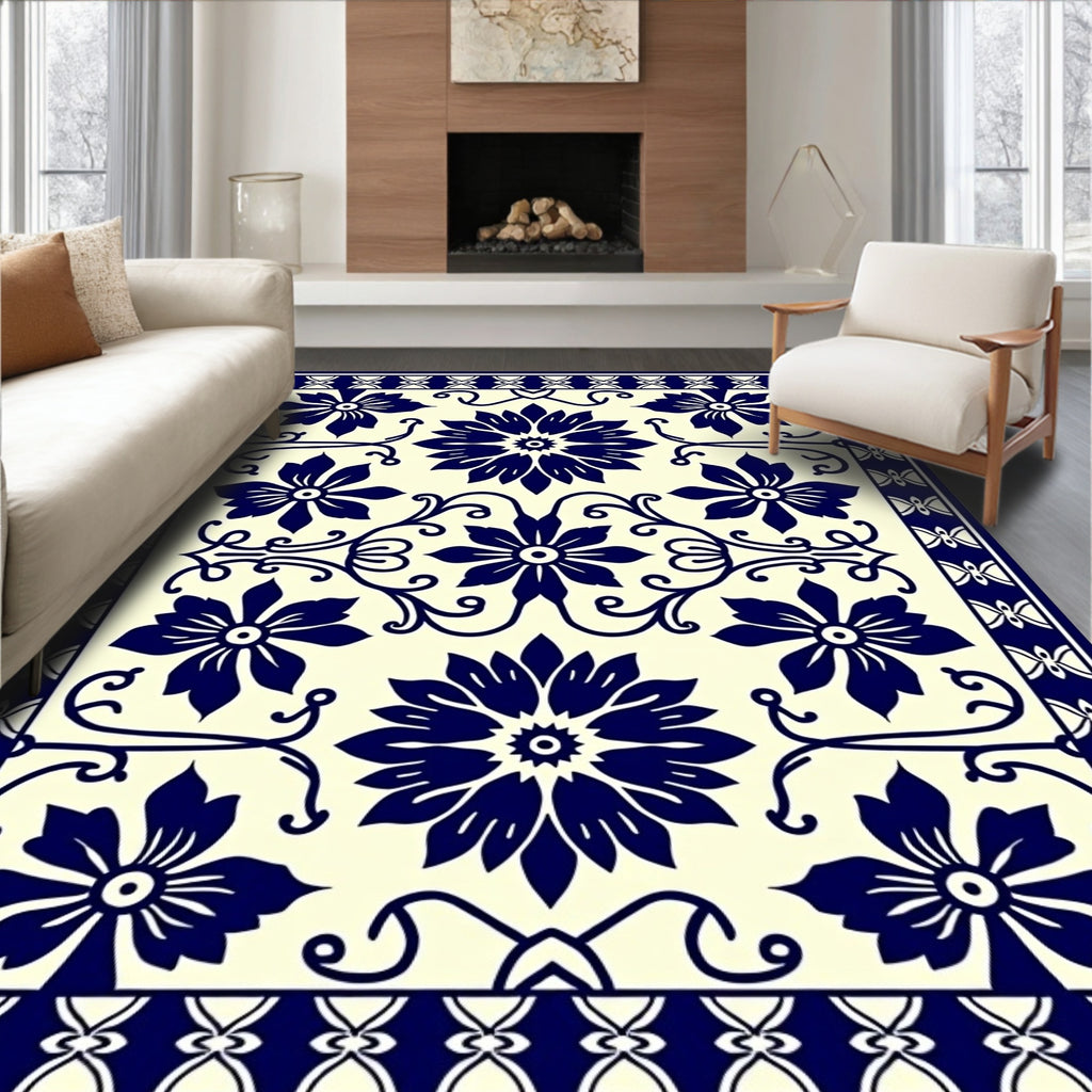 Classic Floral Blue Cream Motif Rug