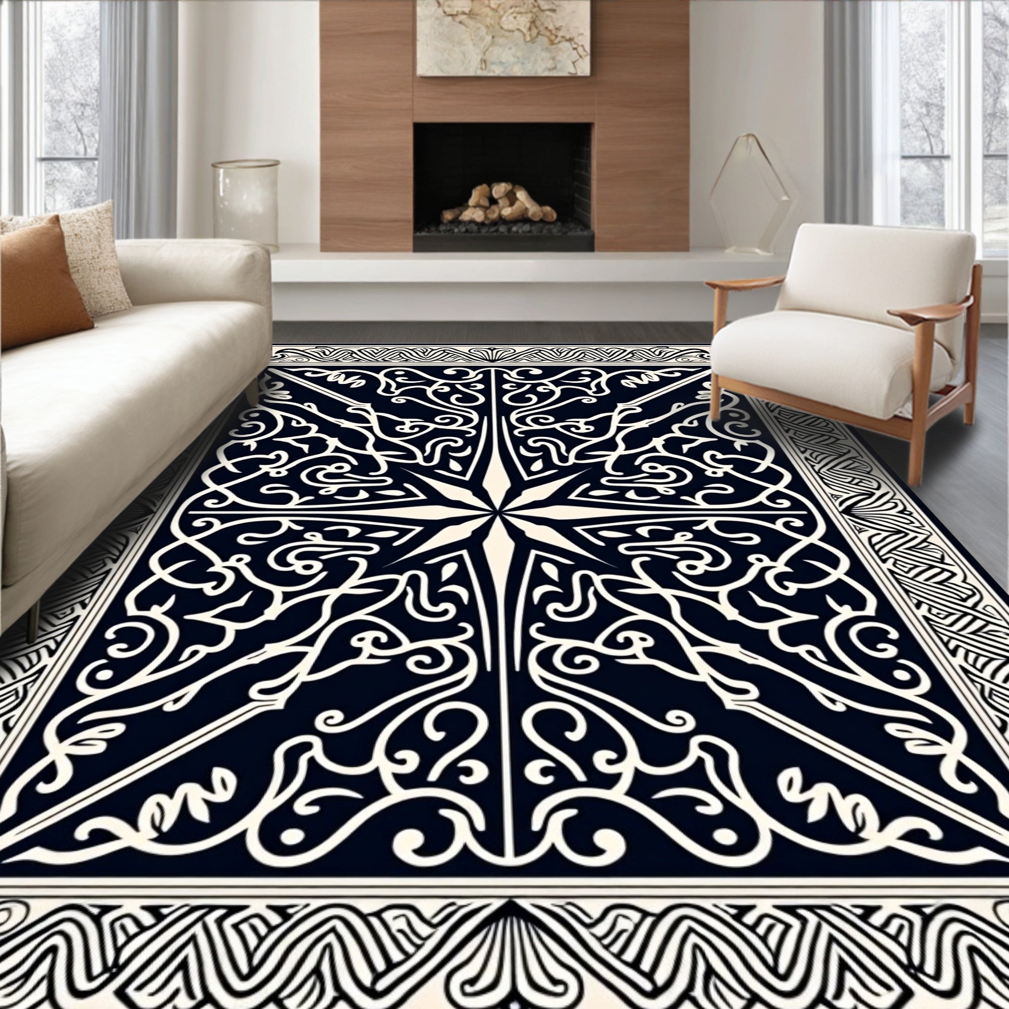 Intricate Black Ivory Ornamental Pattern Rug