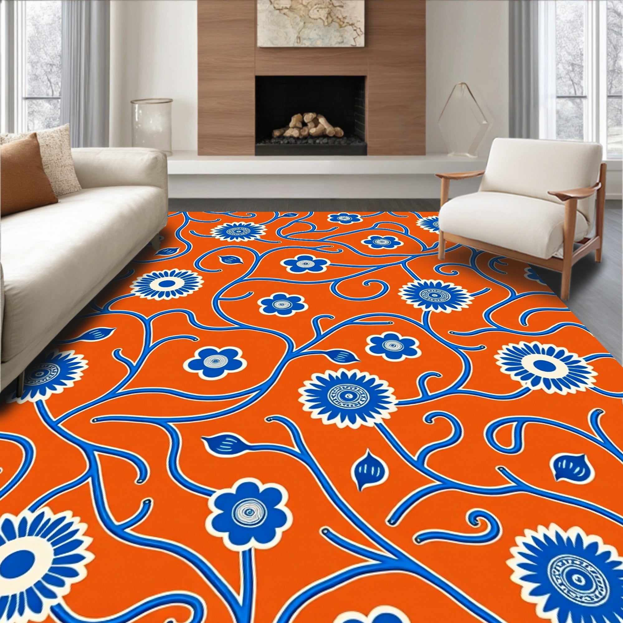 Bold Blue Floral Vine Pattern Rug