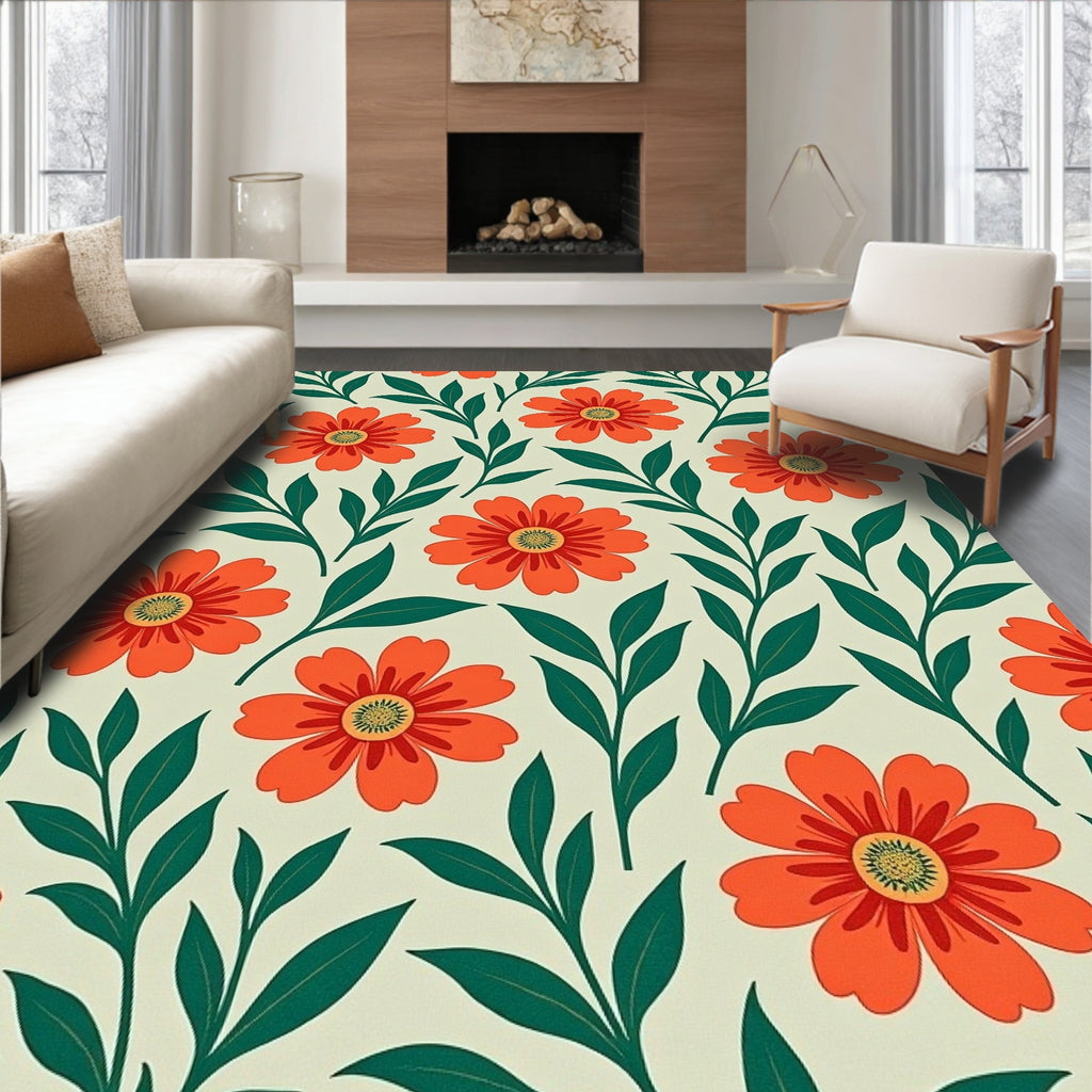Orange Floral Pattern on Light Background Rug