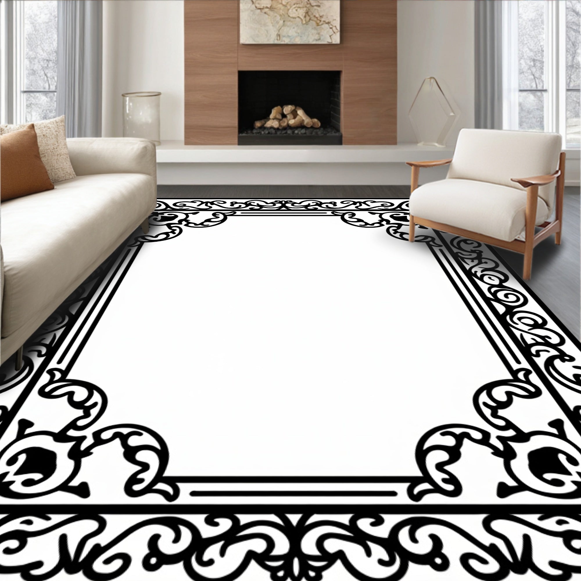 Ornate Floral Scrollwork Frame Design Rug
