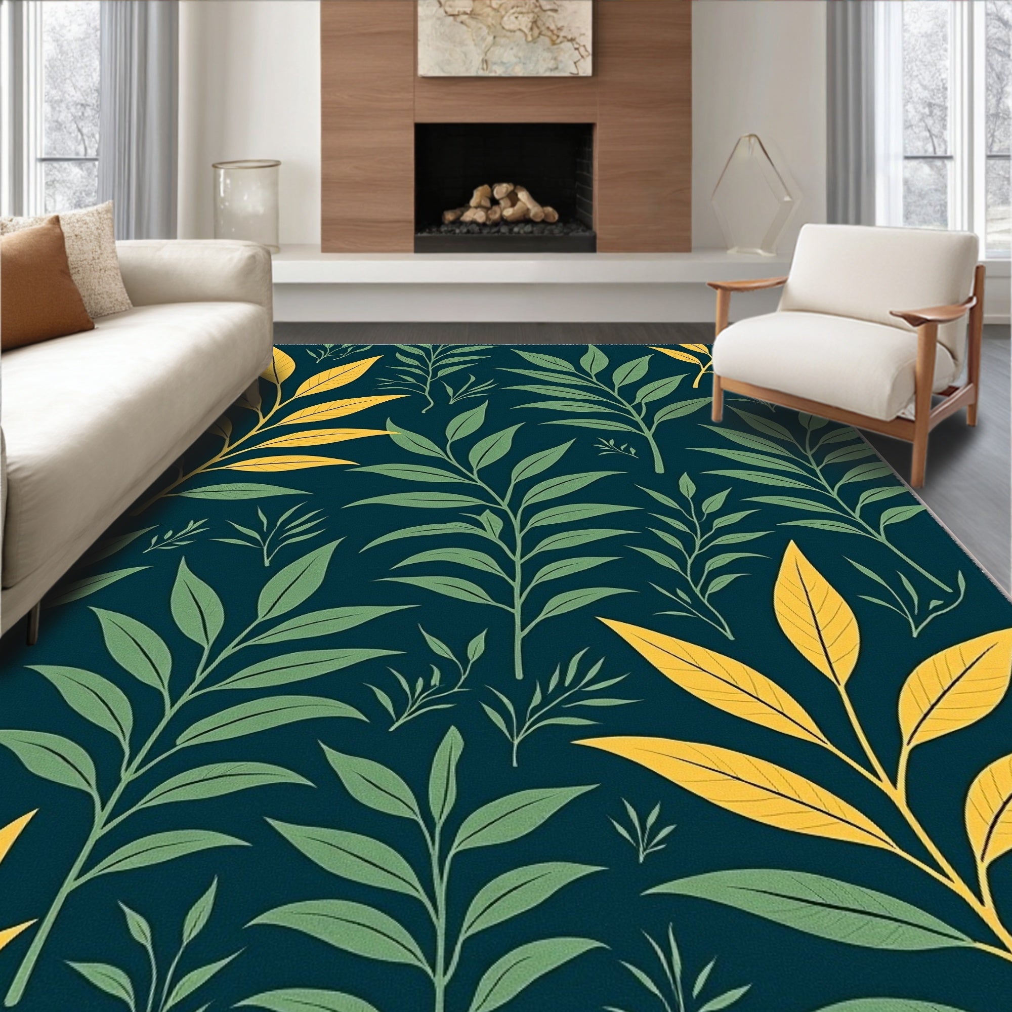 Green and Yellow Leaf Pattern Rug