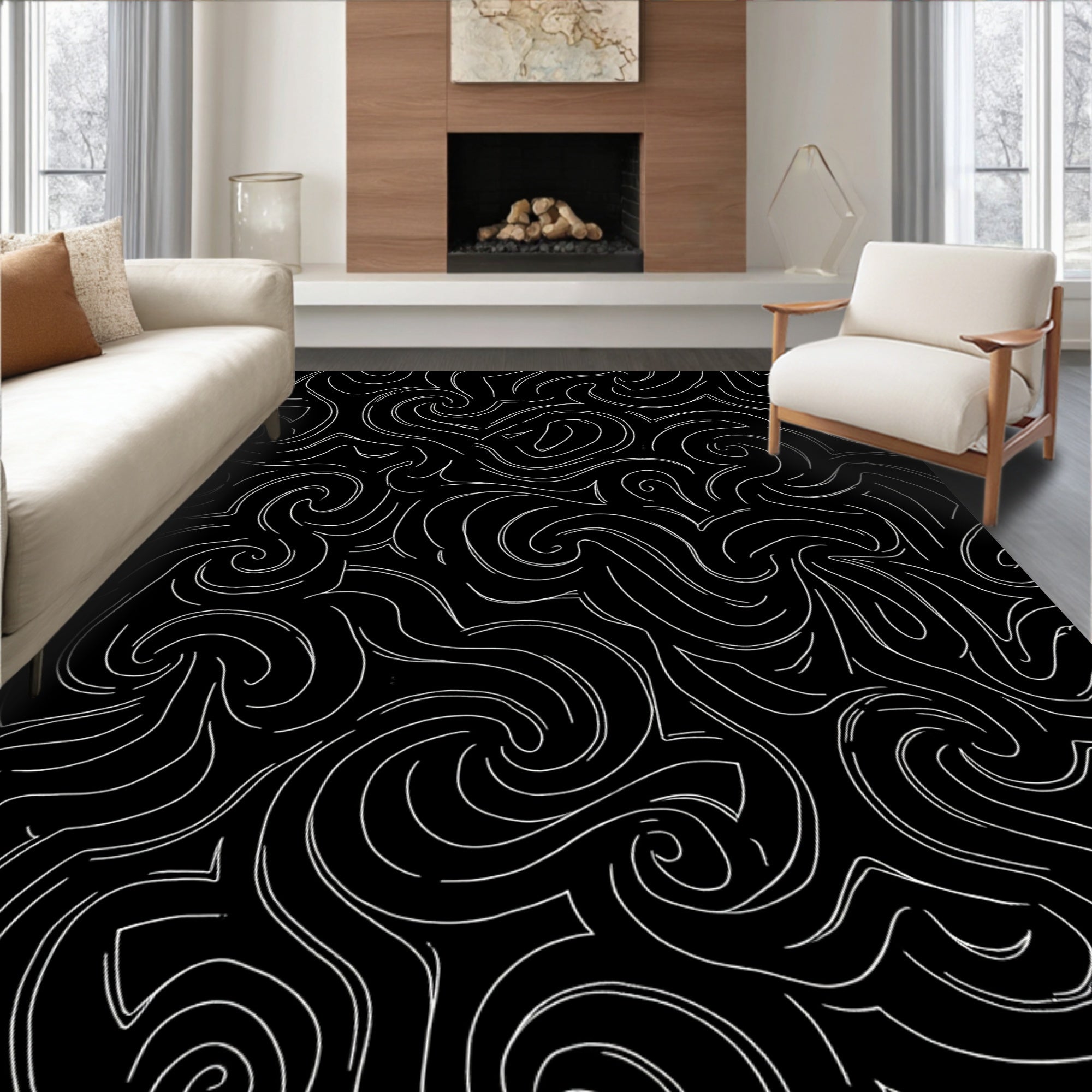 Black Swirls Abstract Pattern Rug