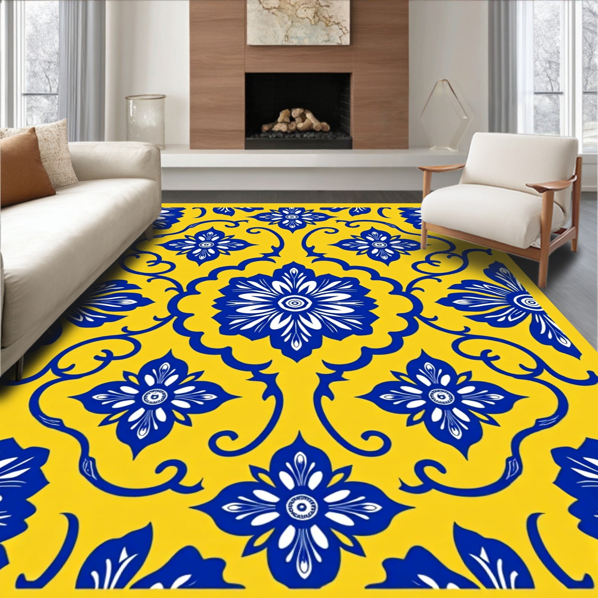 Vibrant Blue Yellow Floral Tile Pattern Rug