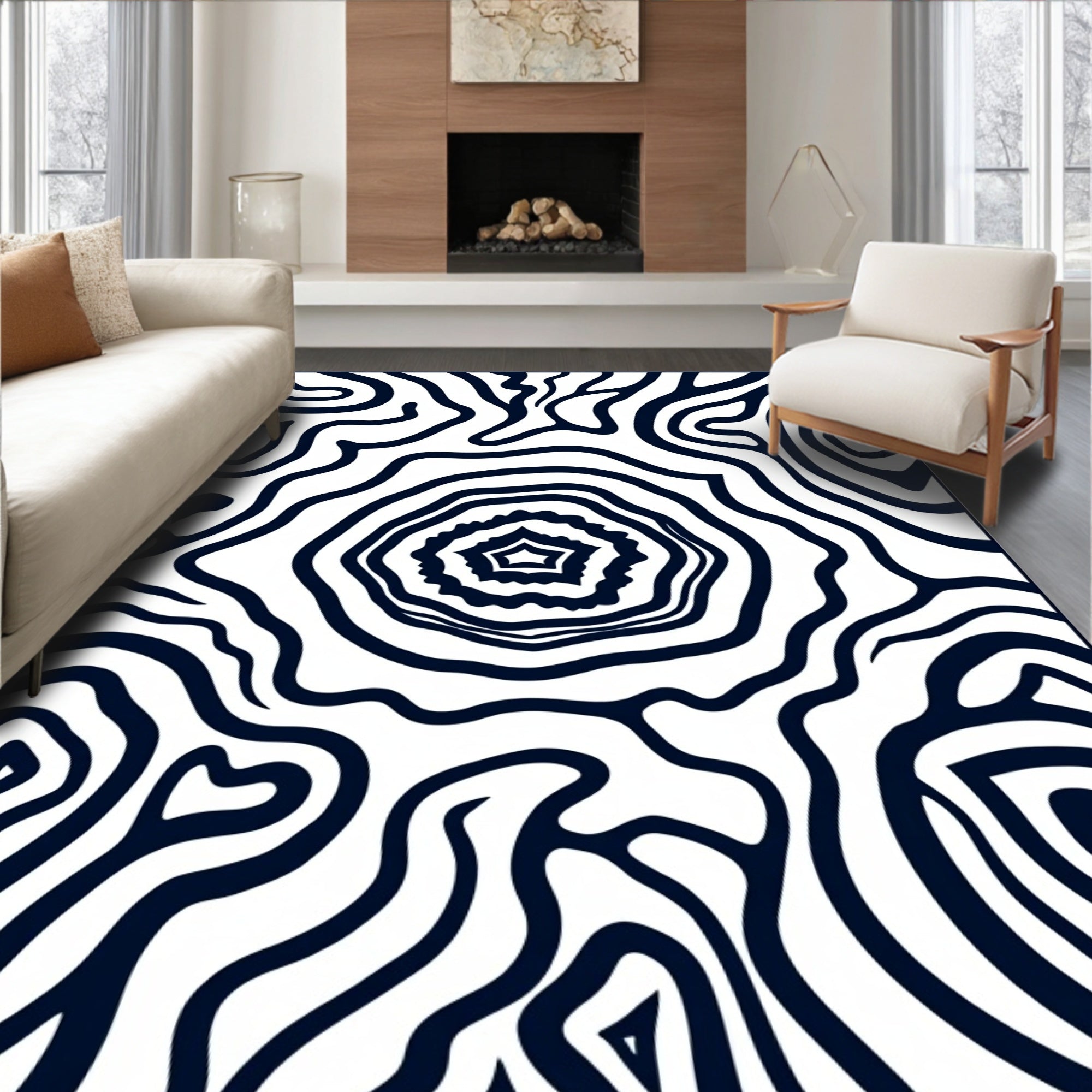 Abstract Black White Organic Waves Rug