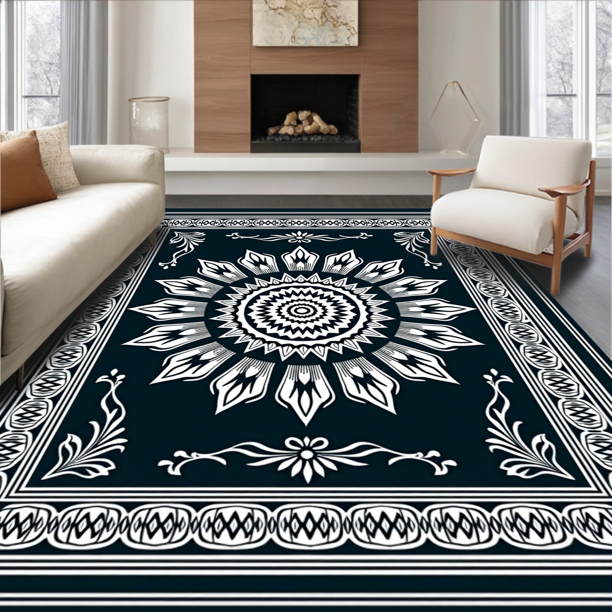 Monochromatic Sunburst Intricate Border Rug