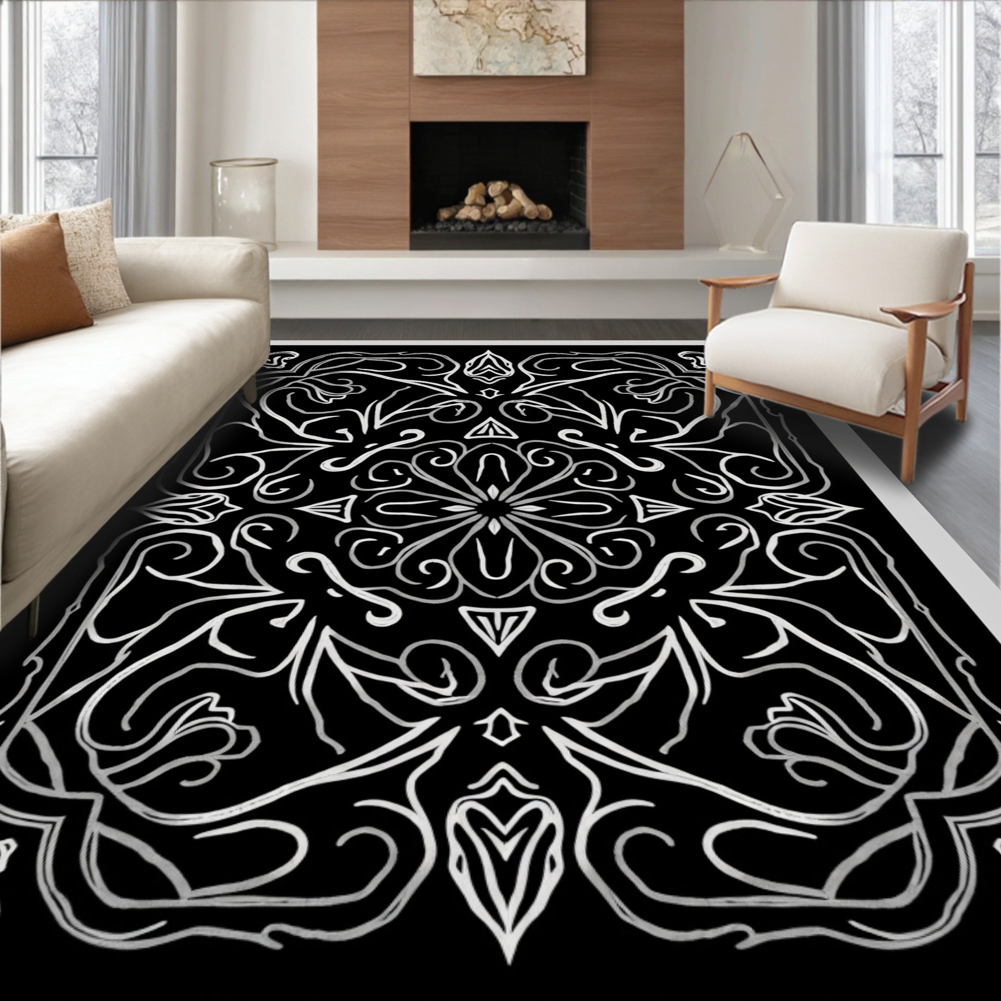 Mono White Floral Mandala Design Rug