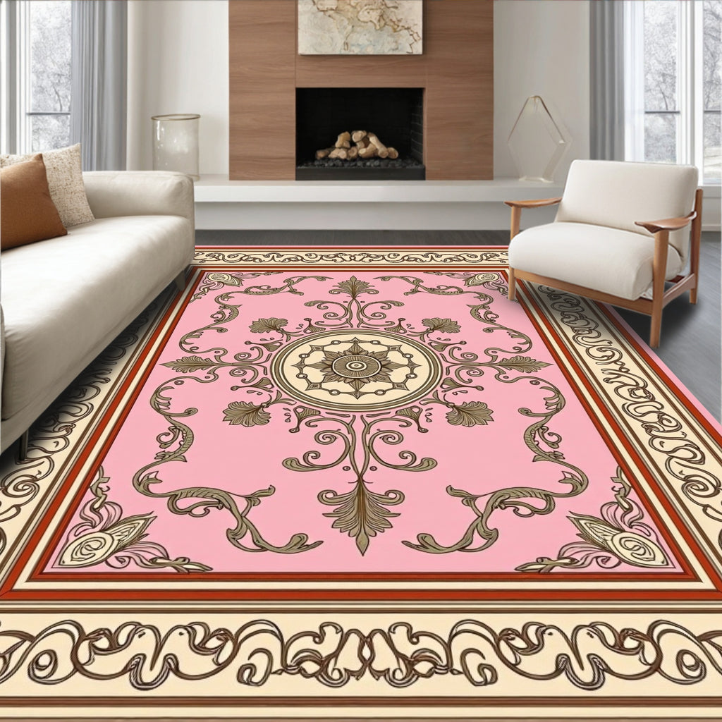 Elegant Pink Floral Scrollwork Design Rug