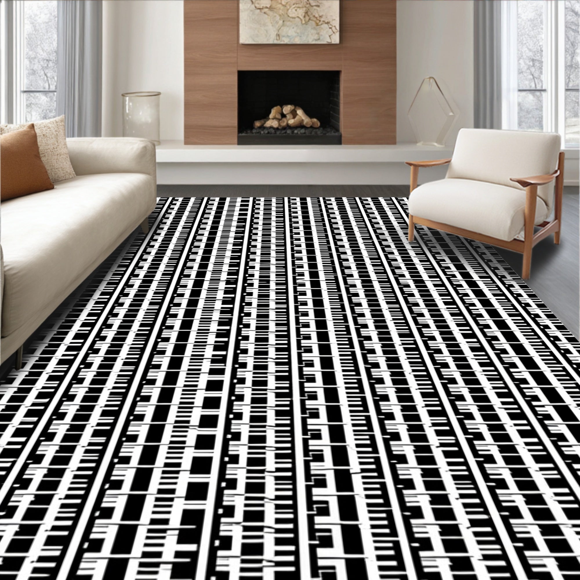 Abstract Black White Column Design Rug