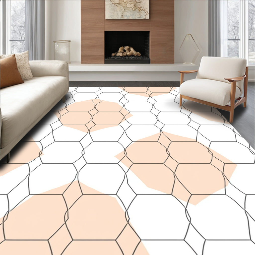 Soft Peach Geometric Honeycomb Pattern Rug