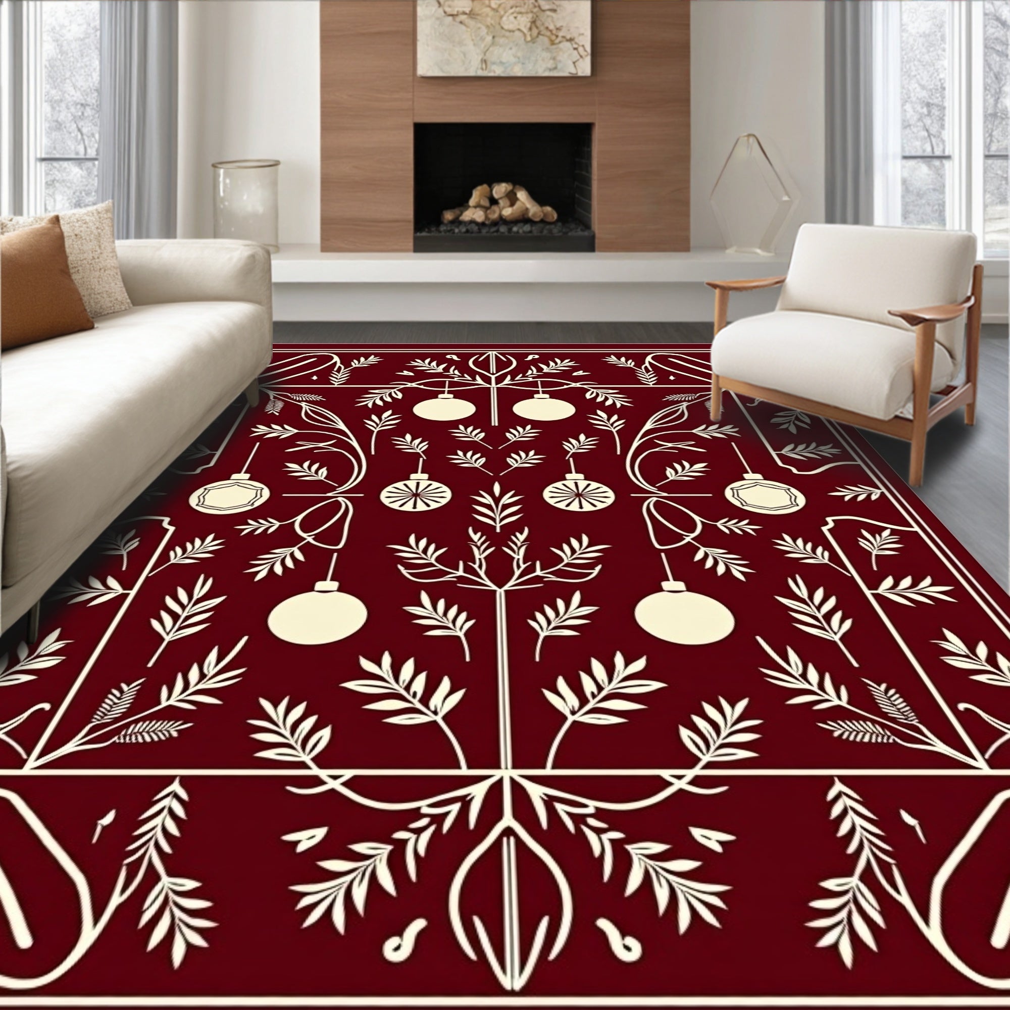 Deep Red Ornament Garland Botanical Rug