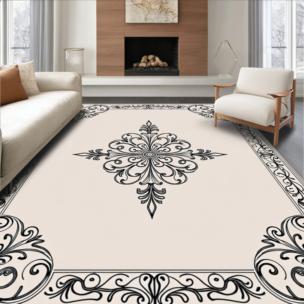 Classic Scrollwork and Floral Border Design Rug