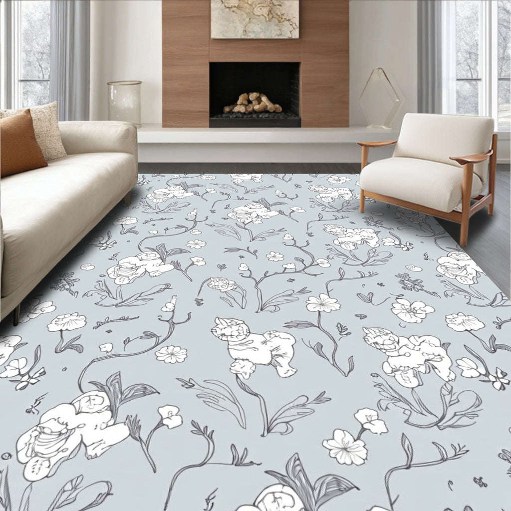 Whimsical Dog Floral Illustration Rug