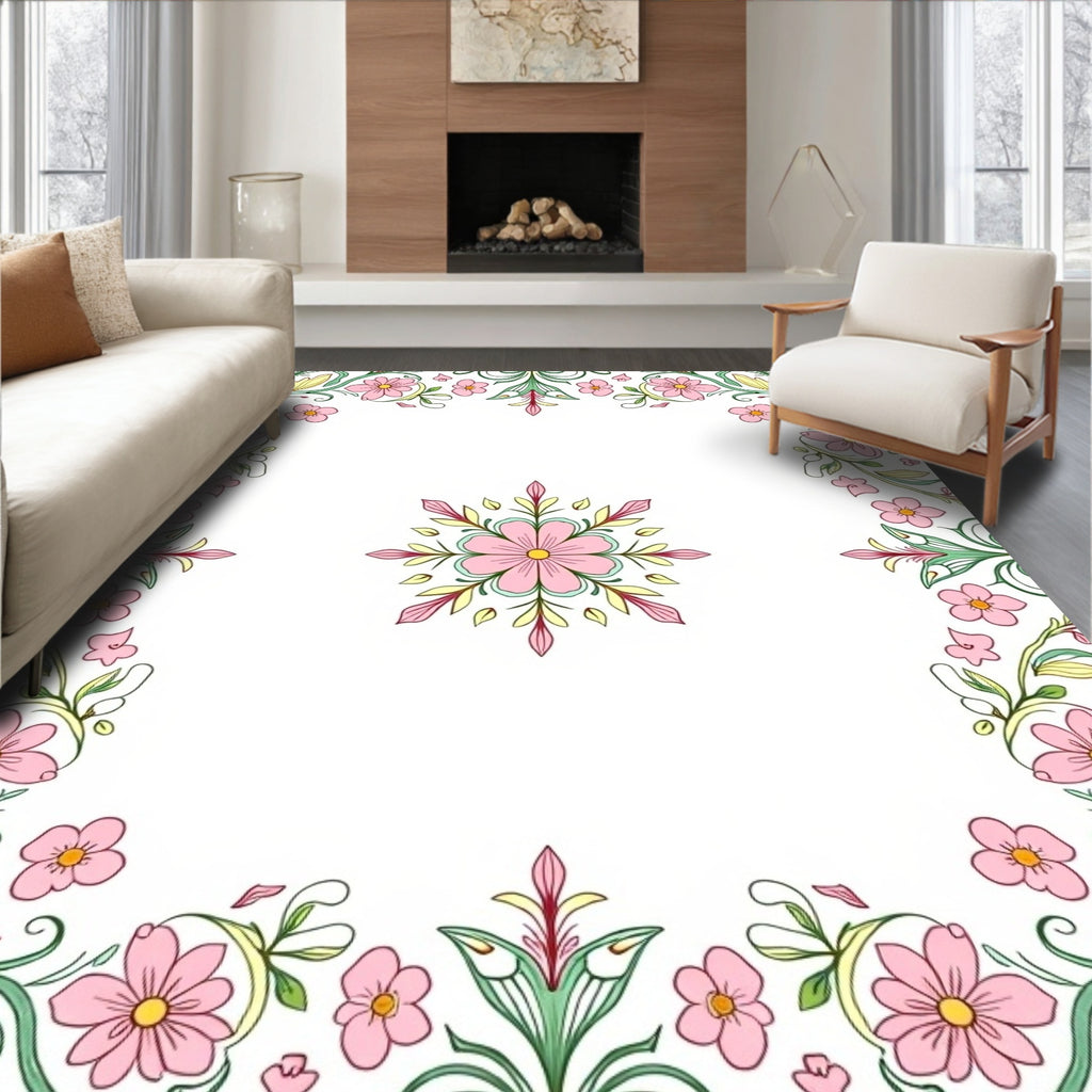 Floral Vines With Pink Blossoms Design Rug