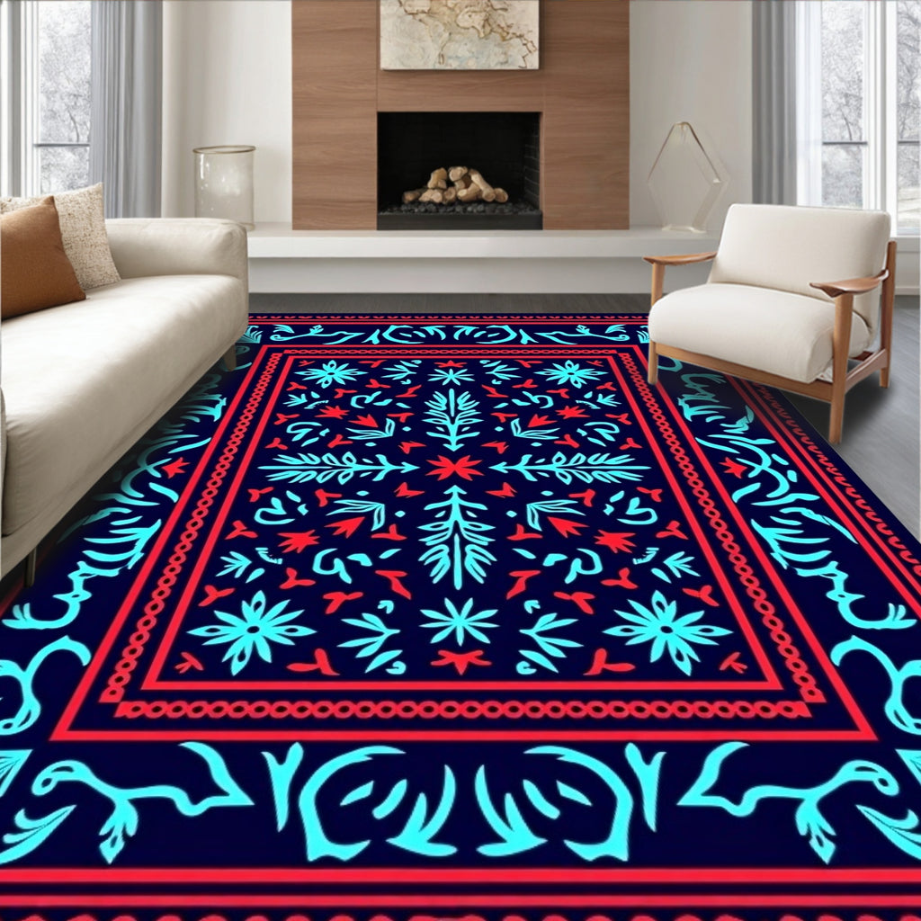 Coastal Navy Blue Coral Border Rug