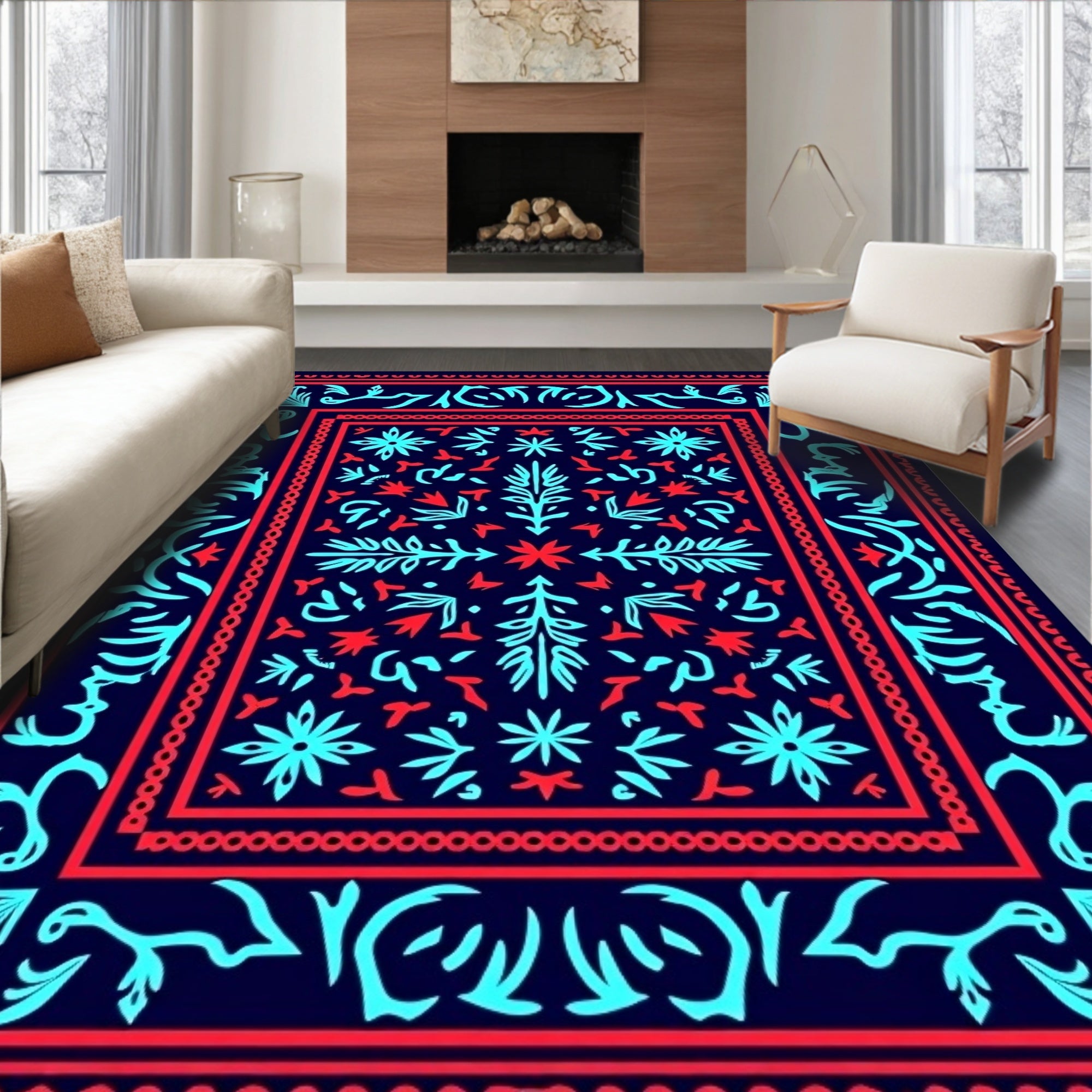 Coastal Navy Blue Coral Border Rug