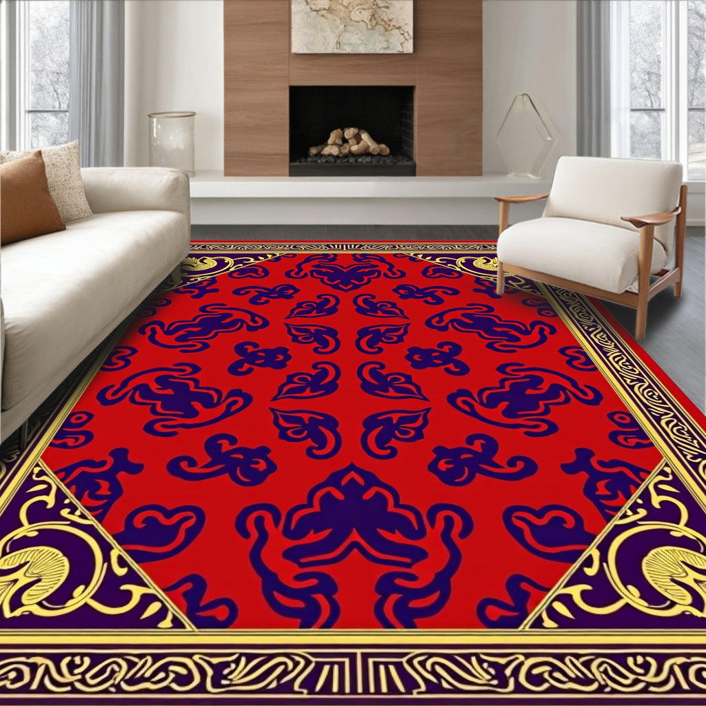 Ornate Red Blue Floral Frame Rug