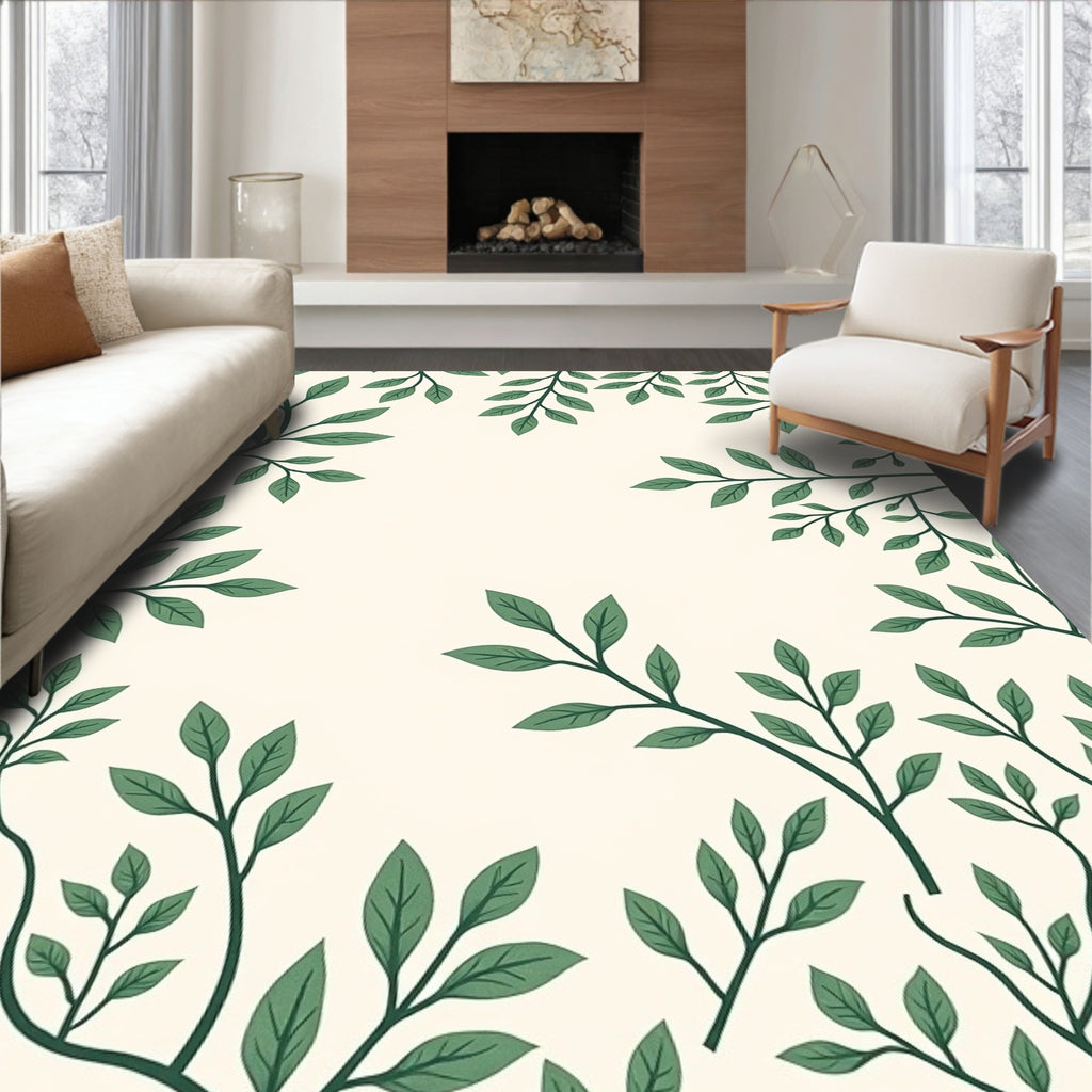 Cream Green Leafy Branch Pattern Rug