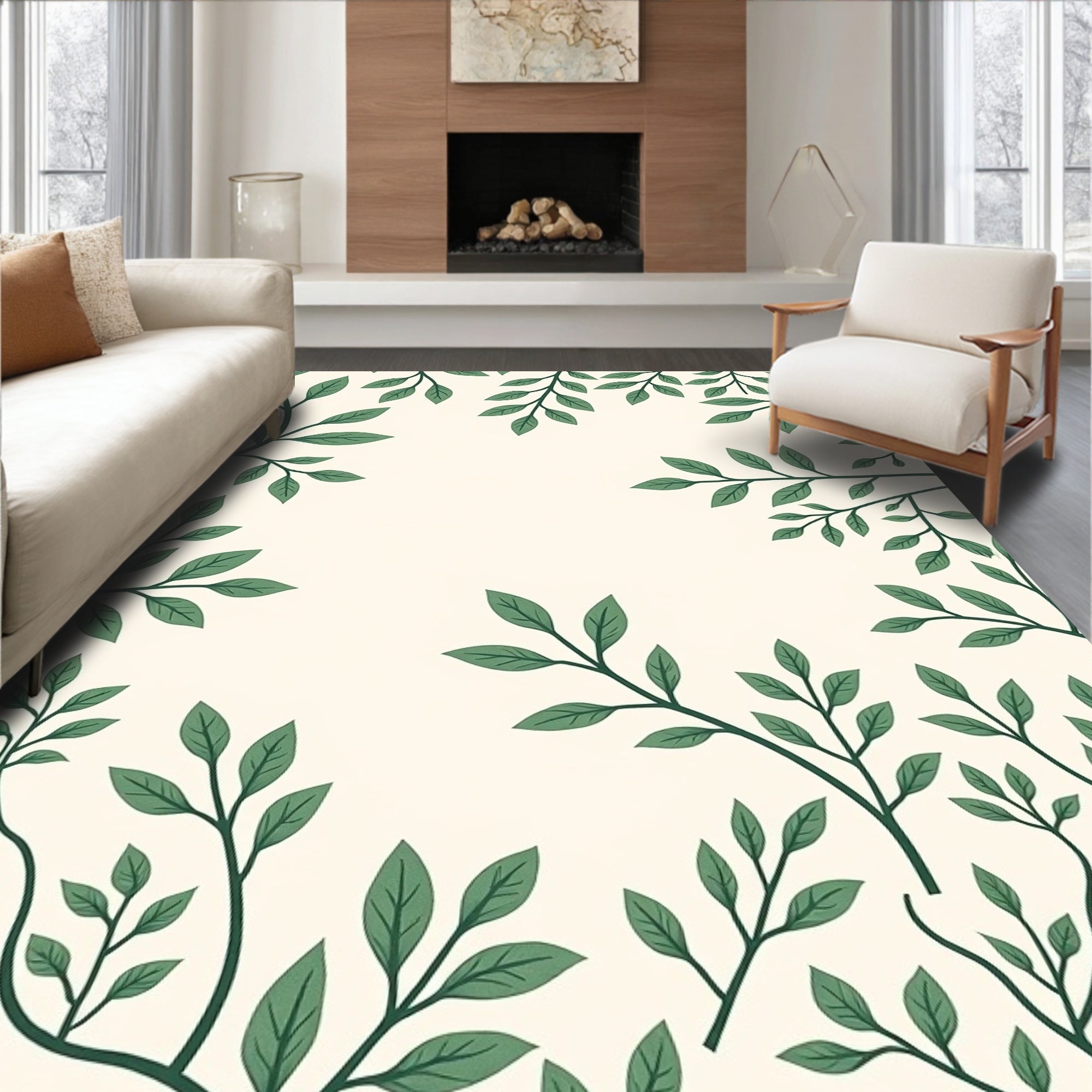 Cream Green Leafy Branch Pattern Rug