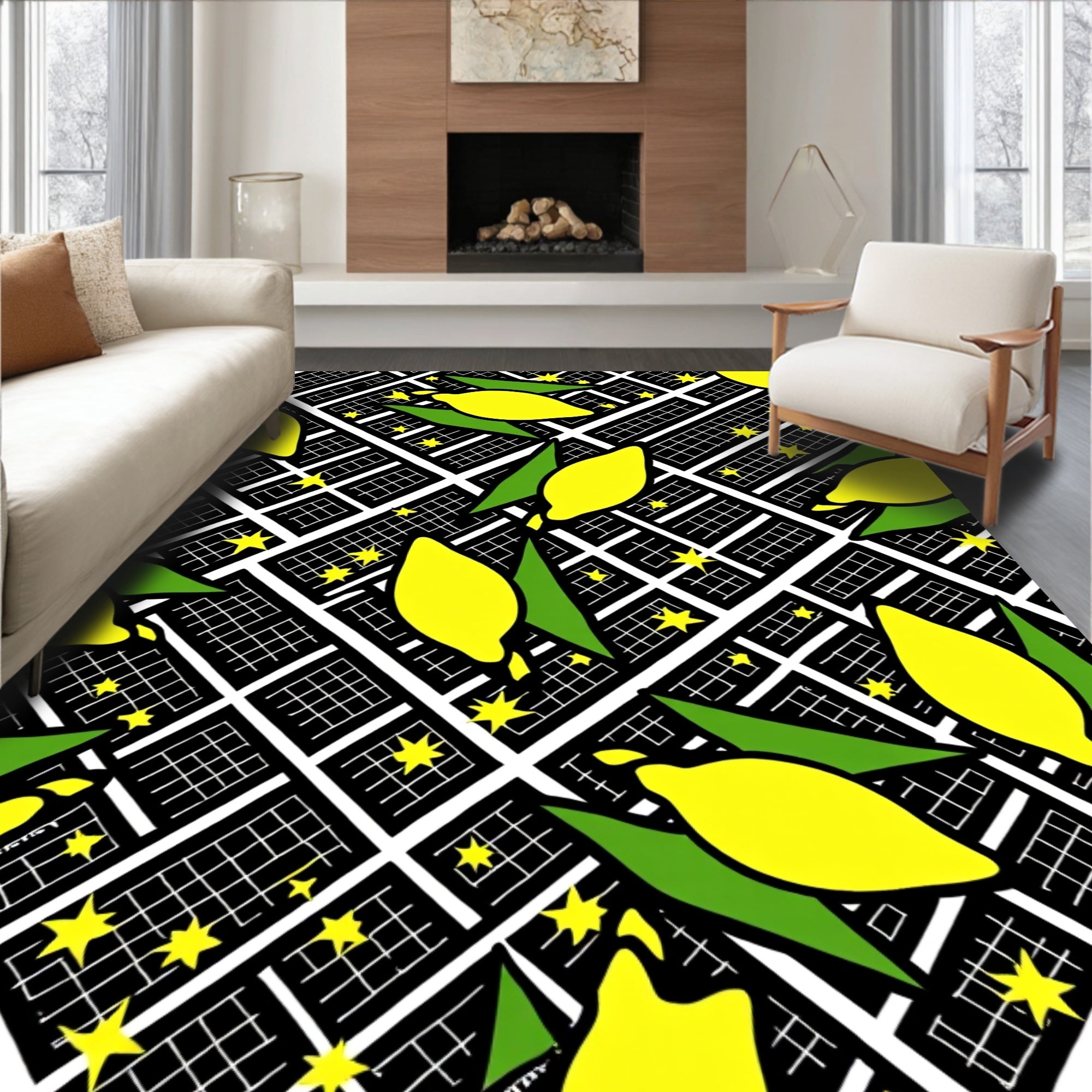Yellow Lemon Star Print Rug