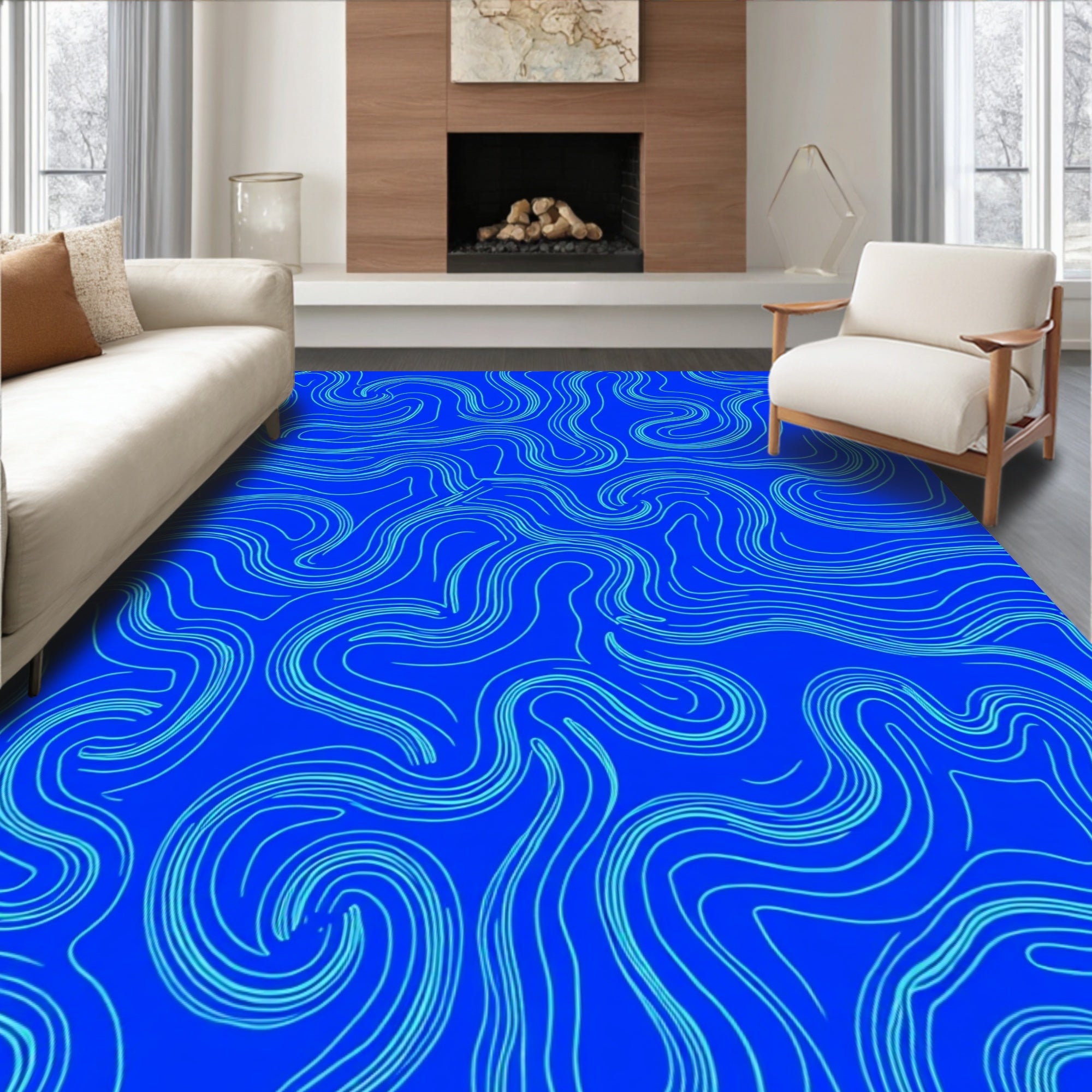 Abstract Blue Swirl Lines Pattern Rug