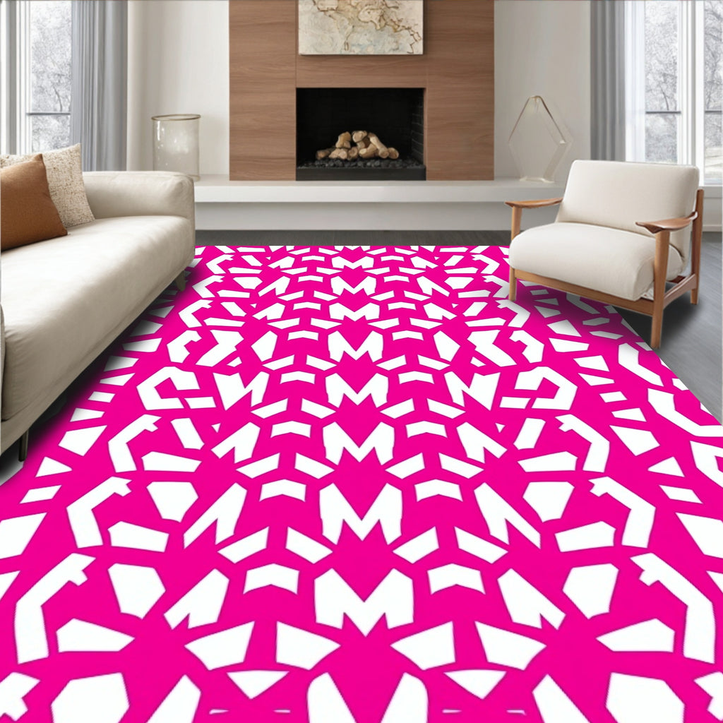 Hot Pink White Geometric Pattern Rug