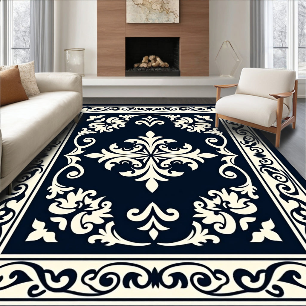 Ornate Floral Cream Navy Rug
