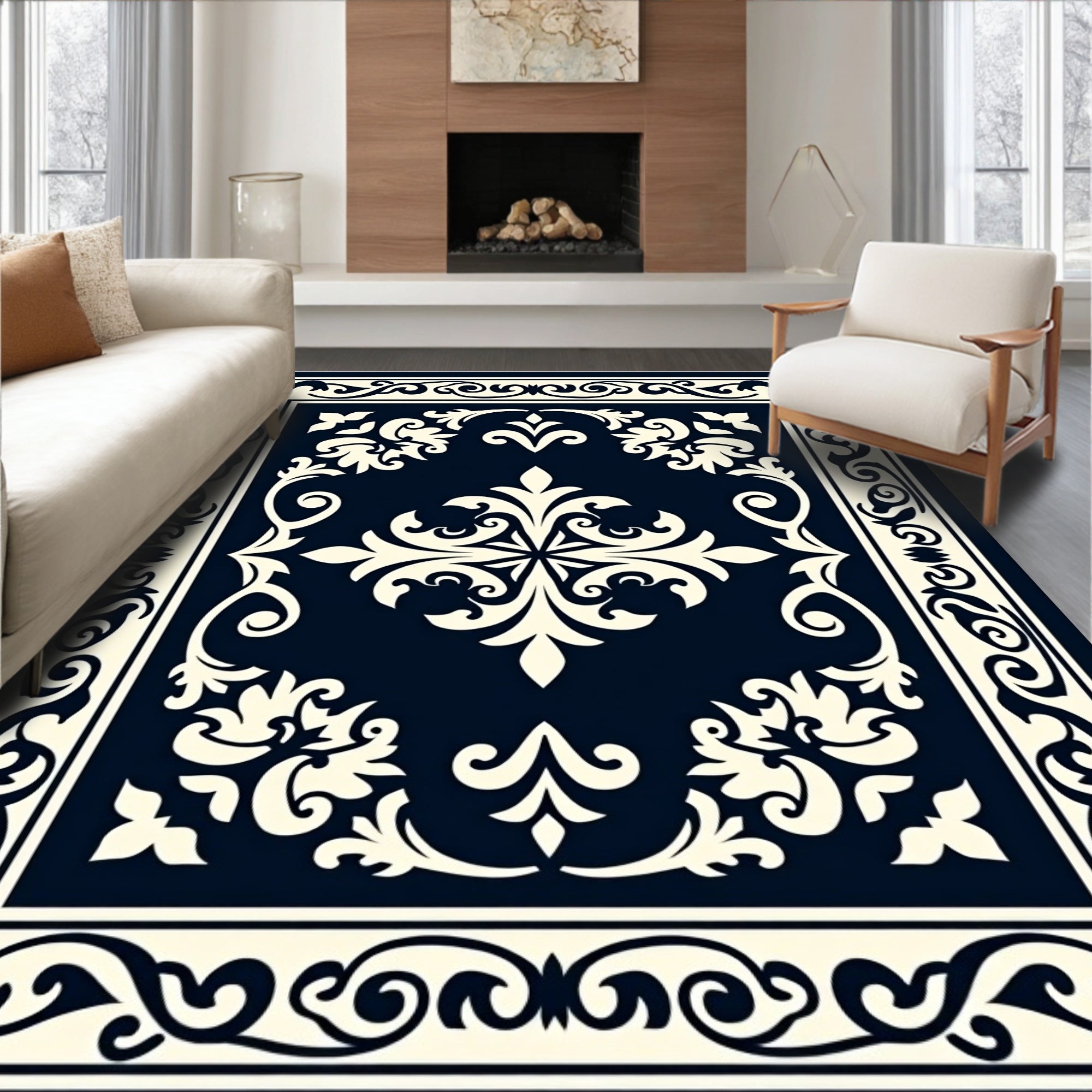 Ornate Floral Cream Navy Rug