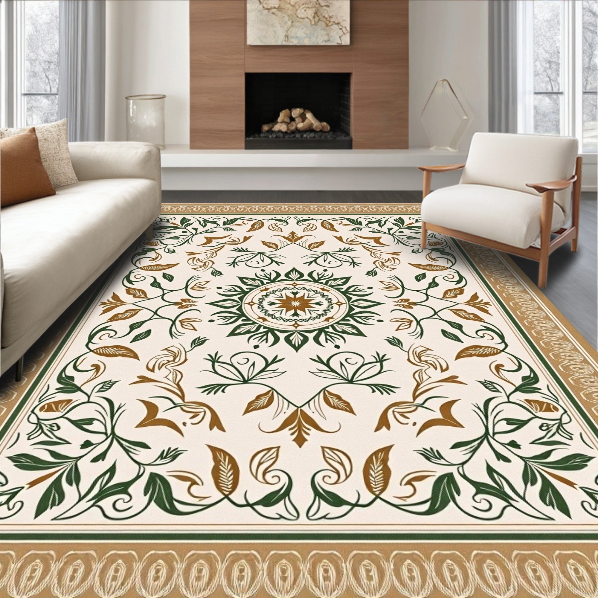 Earthy Floral Medallion Scroll Pattern Rug