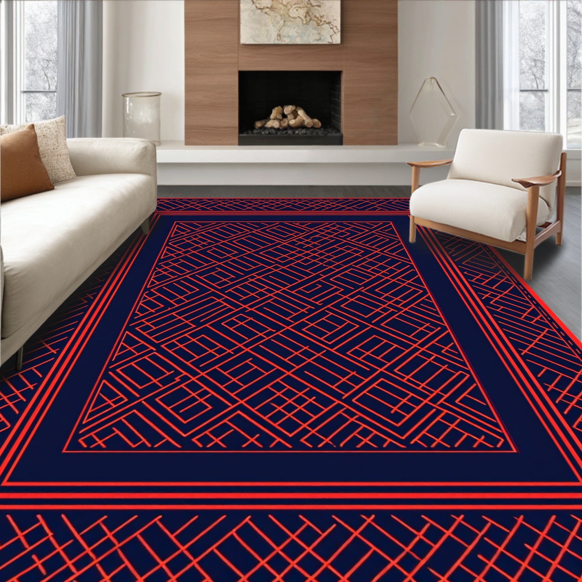 Orange Geometric Maze Pattern Rug