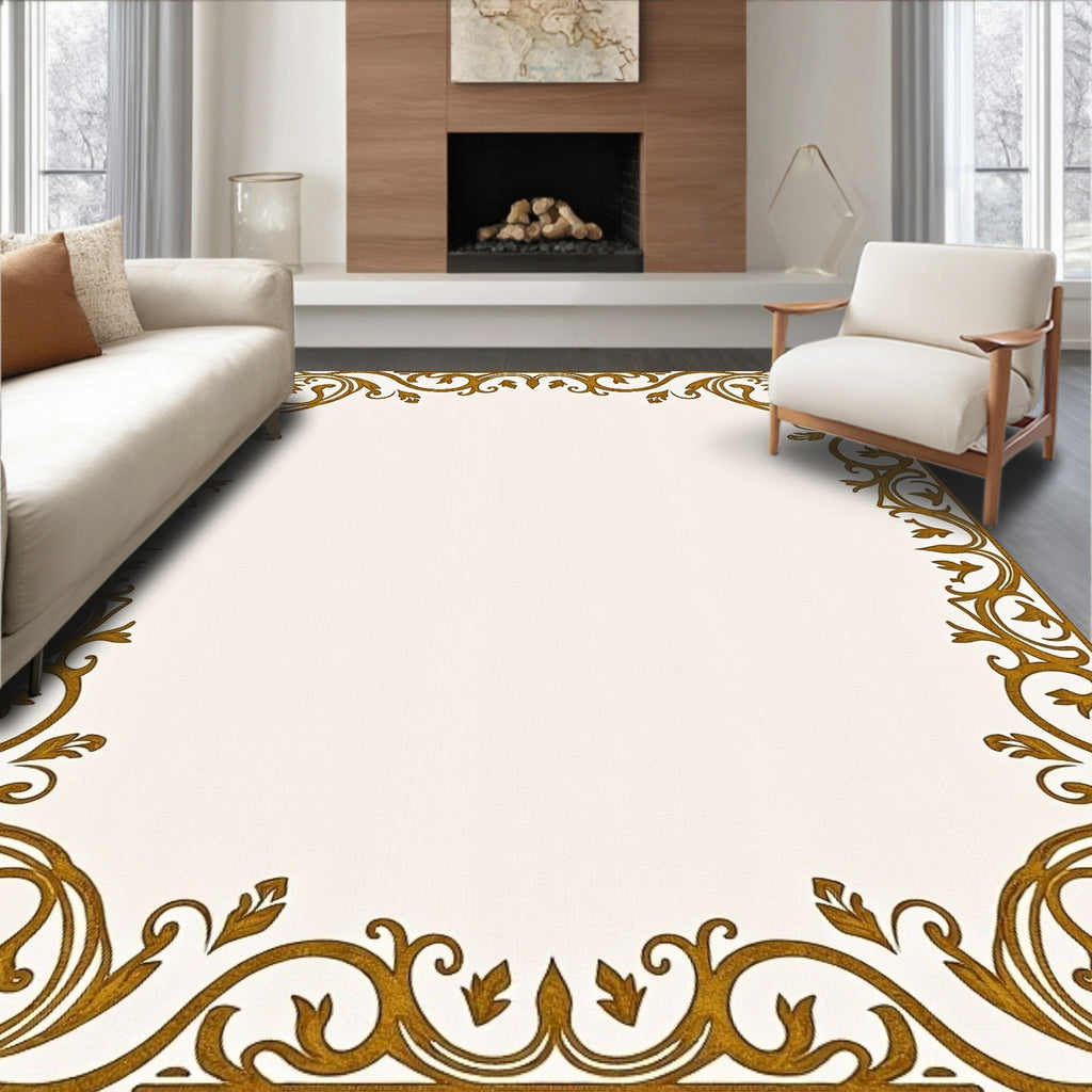 Ornate Gold Floral Scroll Border Rug