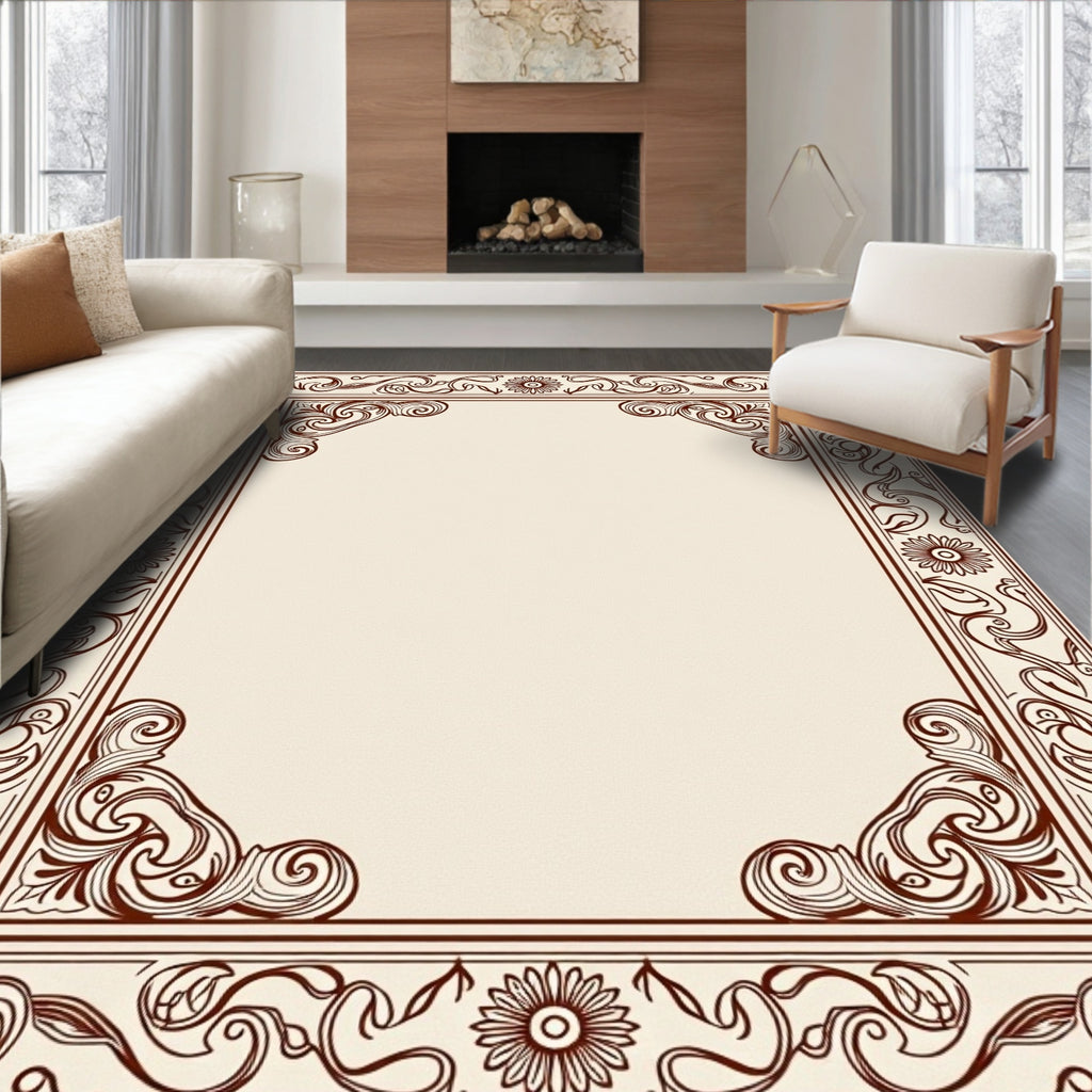 Ornate Floral Scrollwork Decorative Border Rug