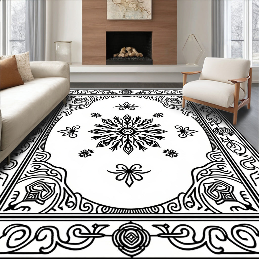 Black White Intricate Floral Mandala Rug