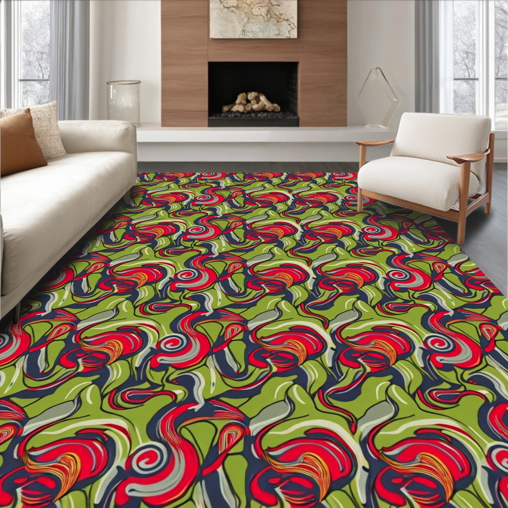 Vibrant Swirls Red Green Abstract Design Rug