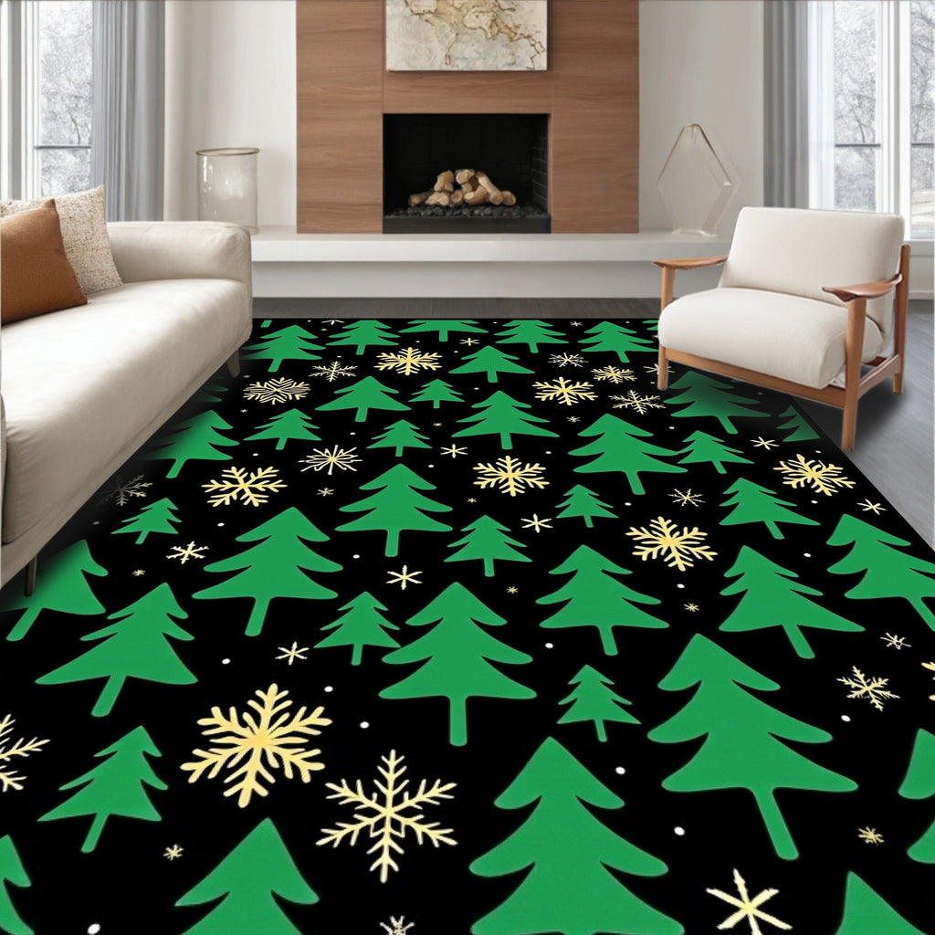 Green Christmas Trees Snowflakes Black Rug