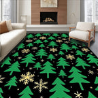 Green Christmas Trees Snowflakes Black Rug