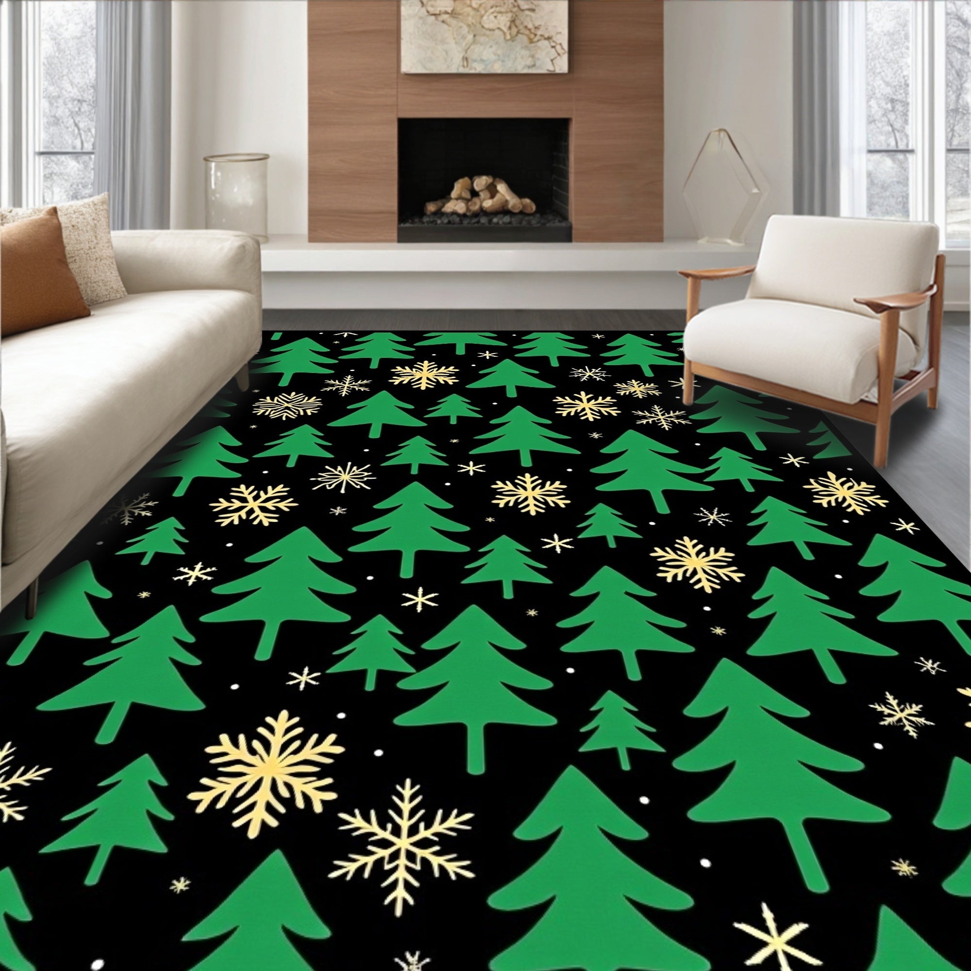 Green Christmas Trees Snowflakes Black Rug